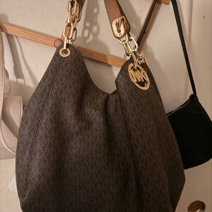 Michael Kors Dark Brown Shoulder Bag with Gold Accents